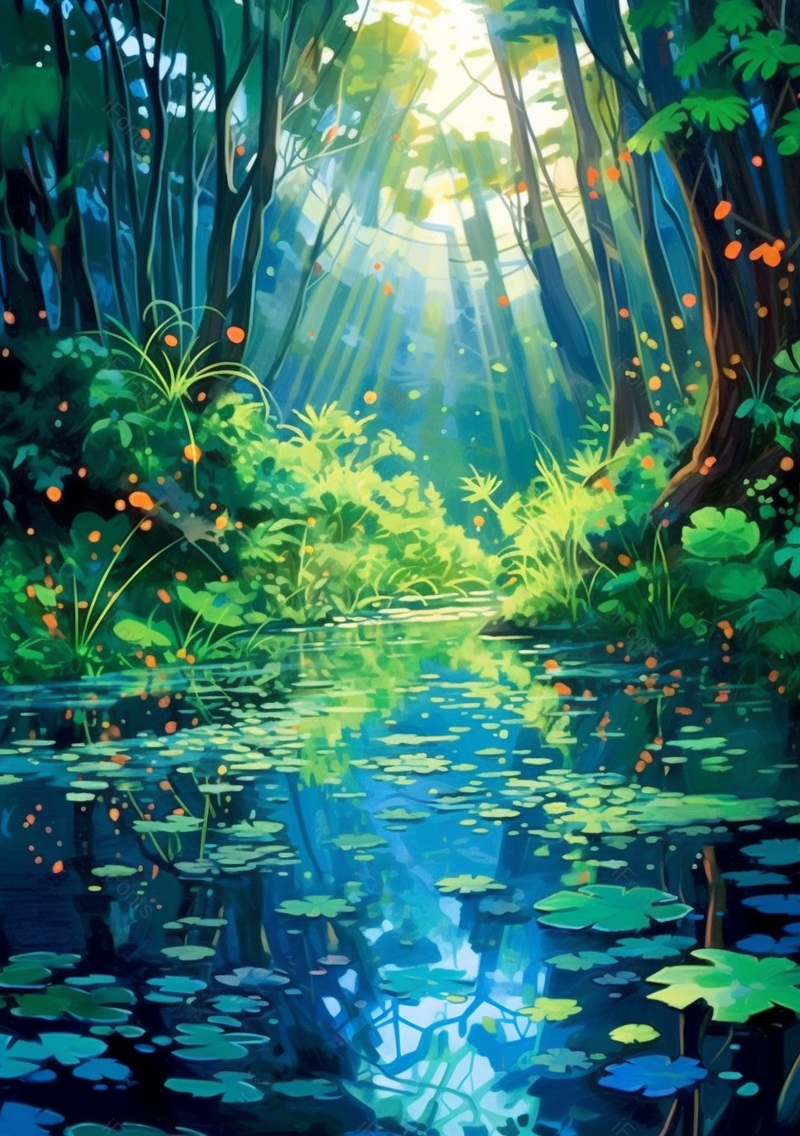 深林湖边荷叶连连绿色唯美插画背景,插画/手绘图,插画/手绘图库,插画/手绘图下载,插画/手绘